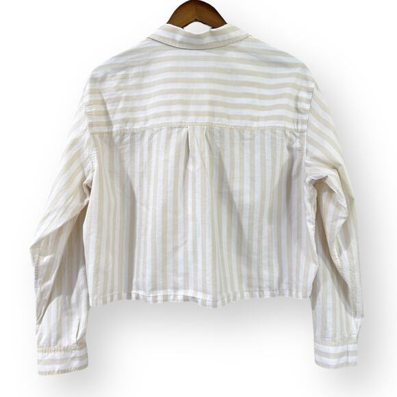 EVERLANE The Silky Cotton Way Short Shirt Sand White Khaki Stripe M Cropped - Picture 6 of 9